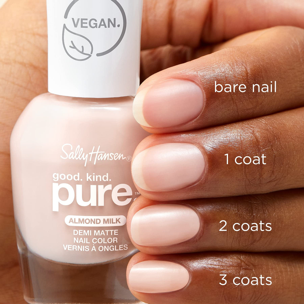 Swatch of Sally Hansen Almond Milk 20 on hand showing sheer nude coverage and natural finish
