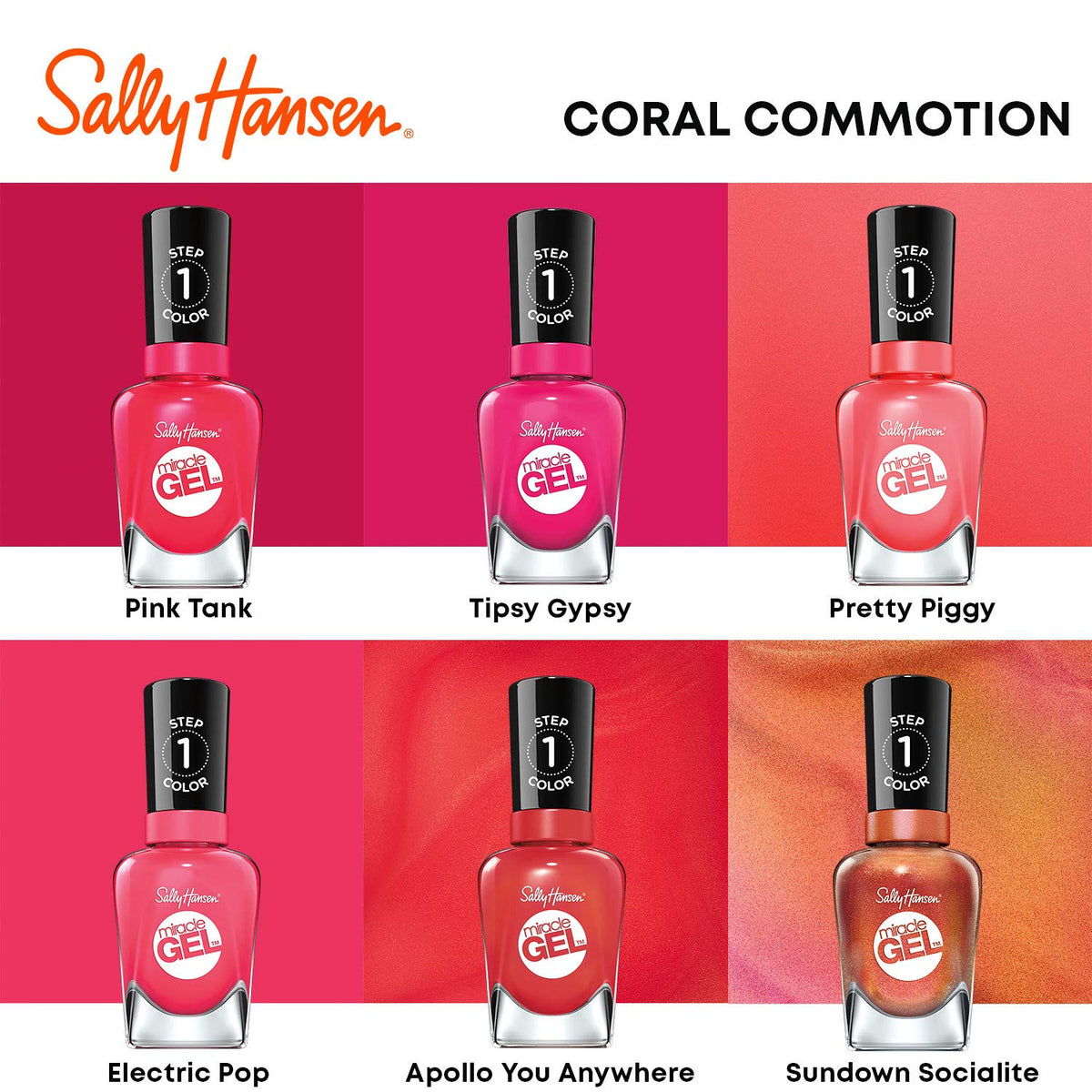 Sally Hansen Electric Pop color paired with Miracle Gel Top Coat for long-lasting wear