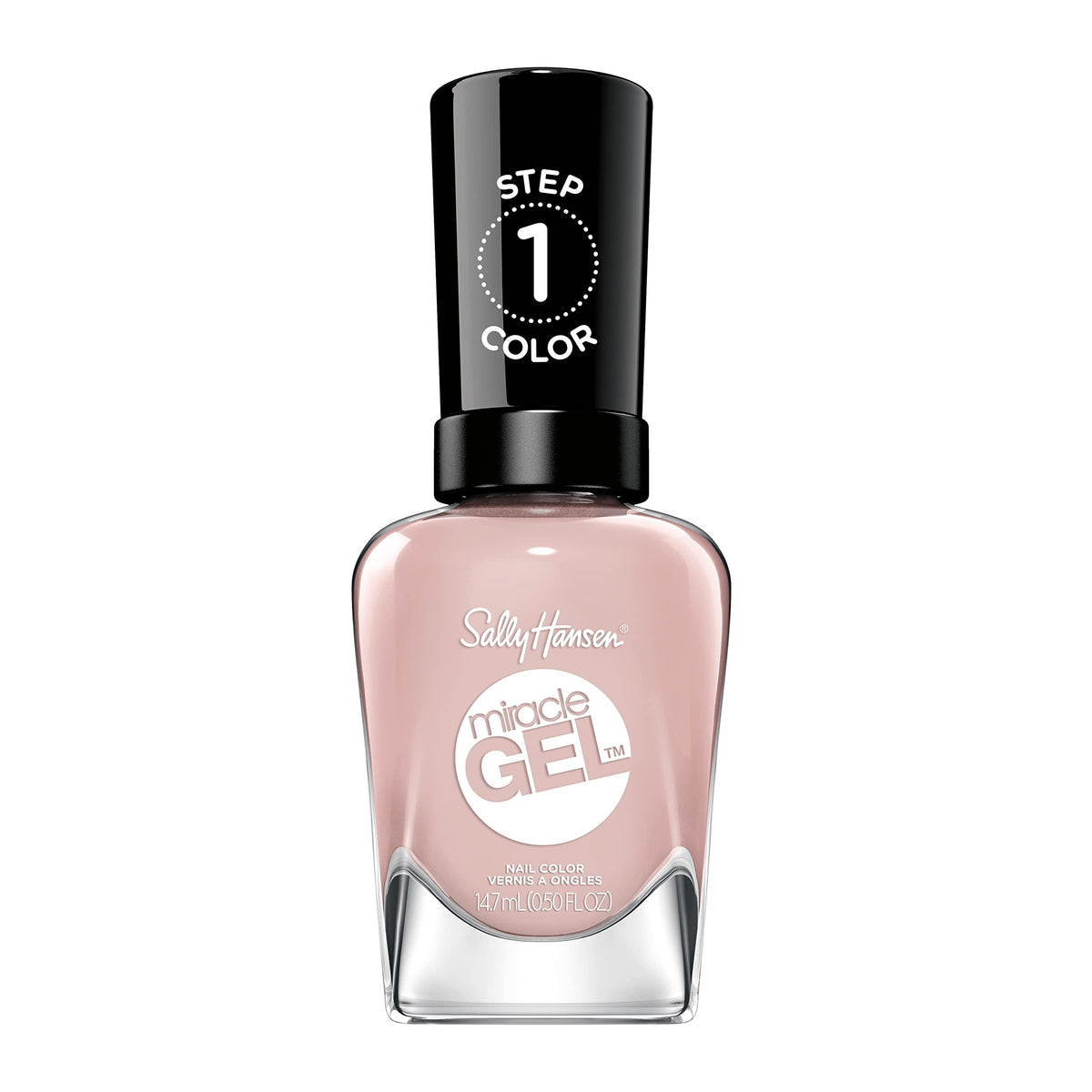 Sally Hansen front bottle showing nude-pink shade and glossy finish benefit