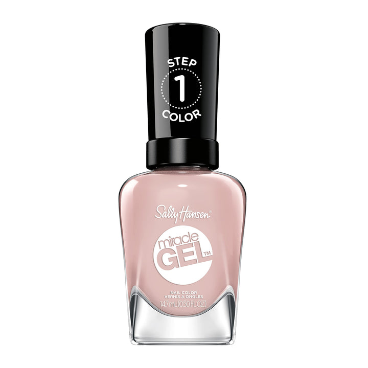 Sally Hansen front bottle showing nude-pink shade and glossy finish benefit