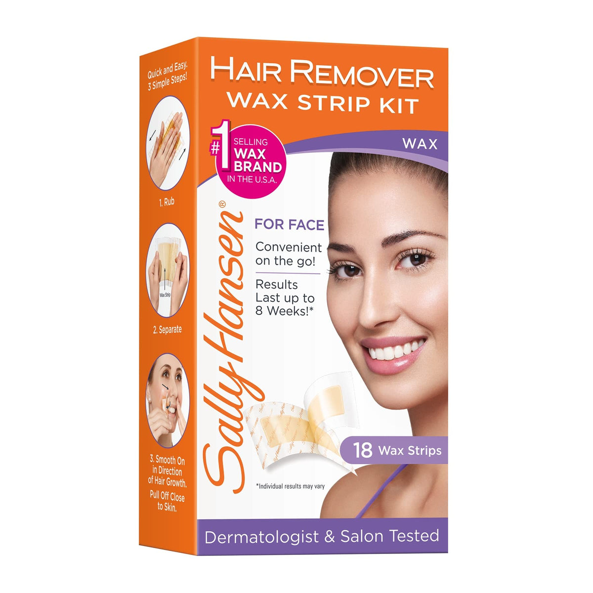 Sally Hansen front packaging showing compact wax strips kit for quick hair removal