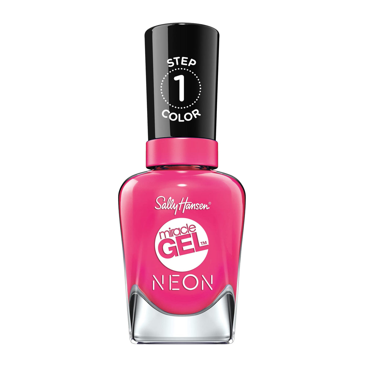 Sally Hansen bottle front showing bright fuchsia color and glossy finish