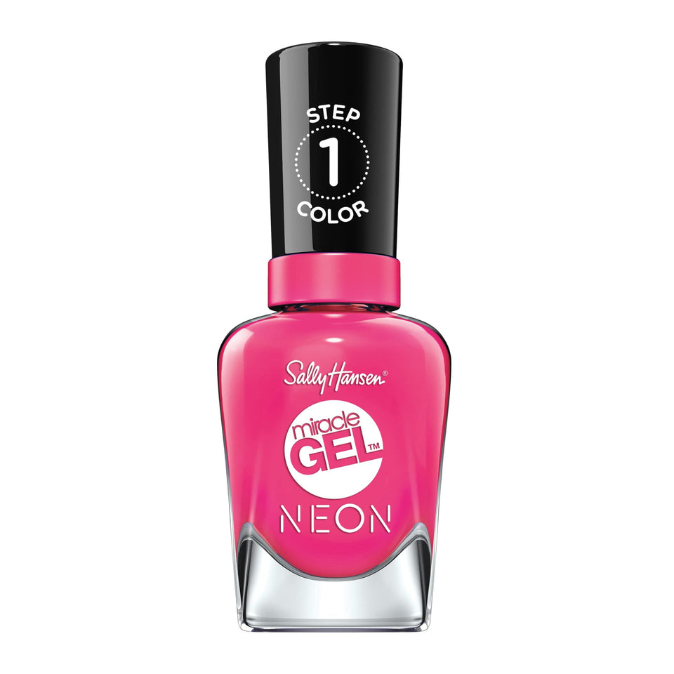 Sally Hansen bottle front showing bright fuchsia color and glossy finish