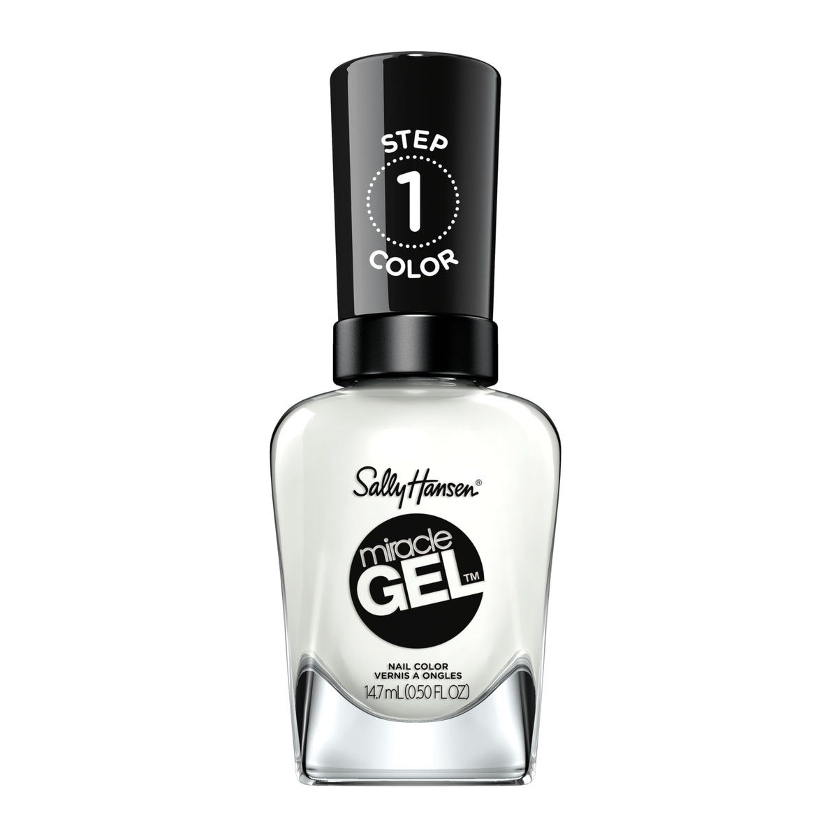 Sally Hansen bottle front packaging showing glossy white shade and benefit of lasting shine