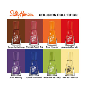 Sally Hansen bottle on vanity with manicure tools showing fast, at-home salon benefit