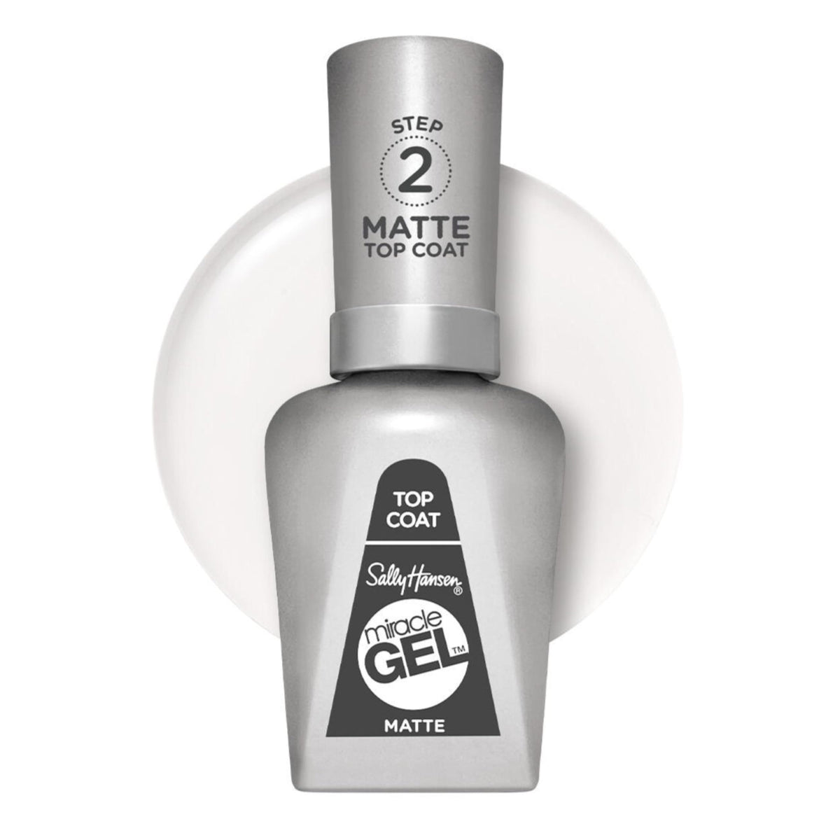 Sally Hansen matte top coat bottle front view showing label and easy-grip cap benefit