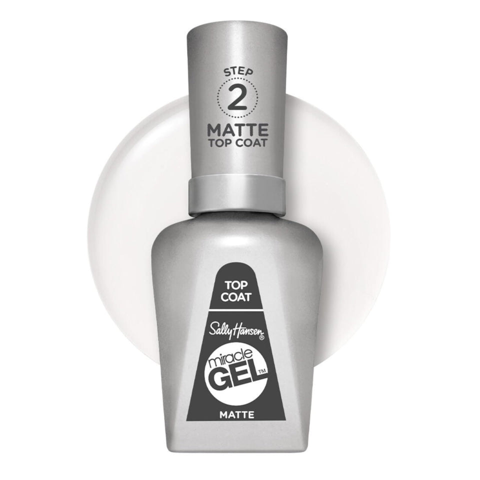 Sally Hansen matte top coat bottle front view showing label and easy-grip cap benefit