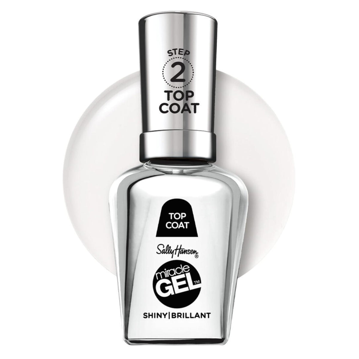 Sally Hansen bottle front view showing clear top coat and brand shine benefit
