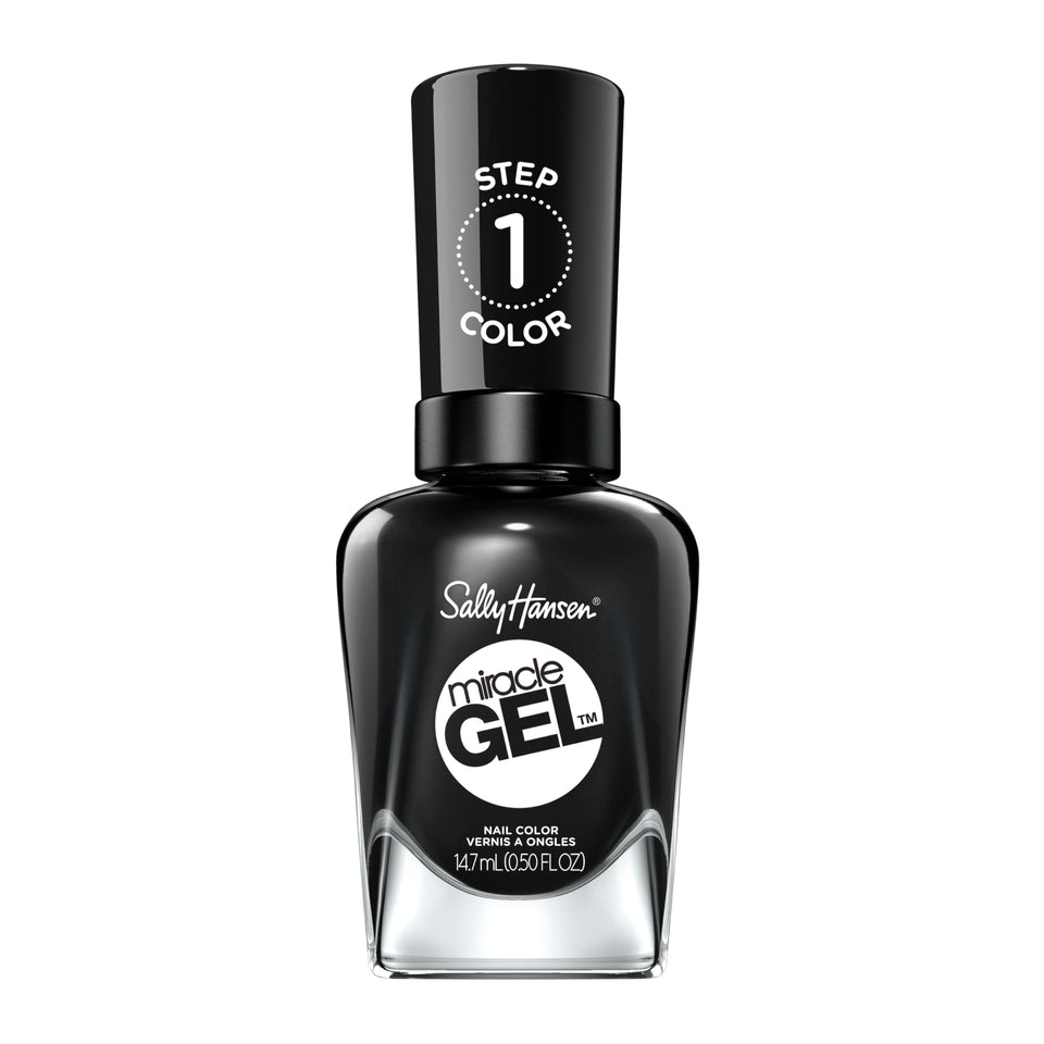 Sally Hansen bottle front view showing onyx-pected black and glossy finish