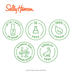 Sally Hansen bottle beside common object showing product size and portability benefit