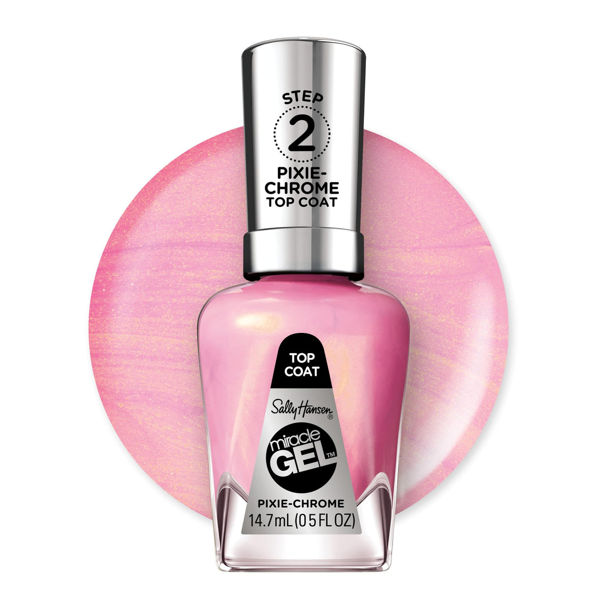 Sally Hansen Pixie Chrome front bottle showing shade and brand, adds glittery shine