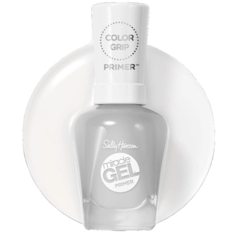 Sally Hansen primer front packaging shows clear bottle and brand, promotes longer wear