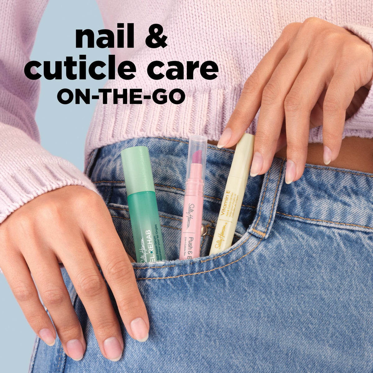 Sally Hansen pen in a purse illustrating on-the-go nail care and quick touch-ups