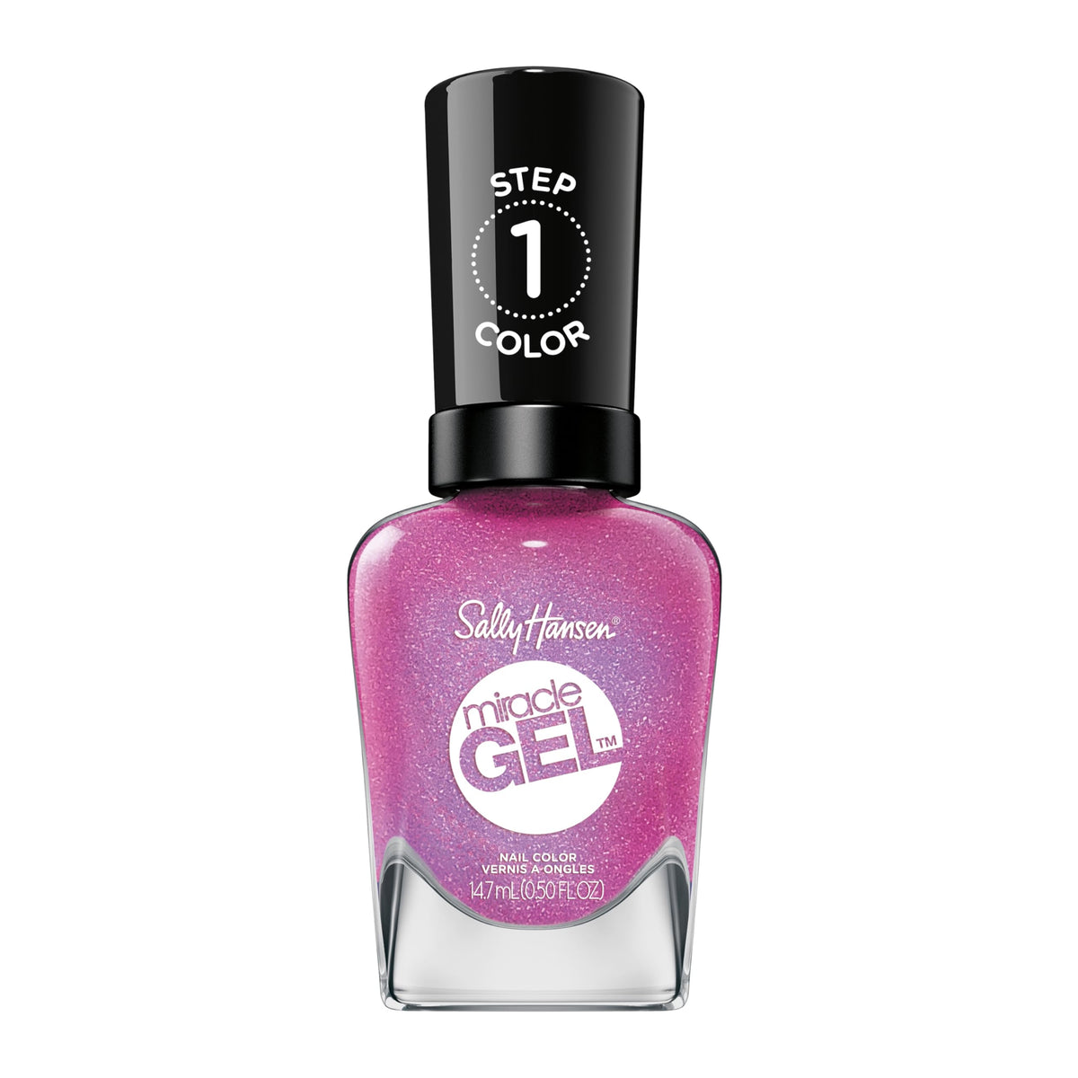 Sally Hansen bottle front view showing fuchsia Quartz And Kisses and brand clarity