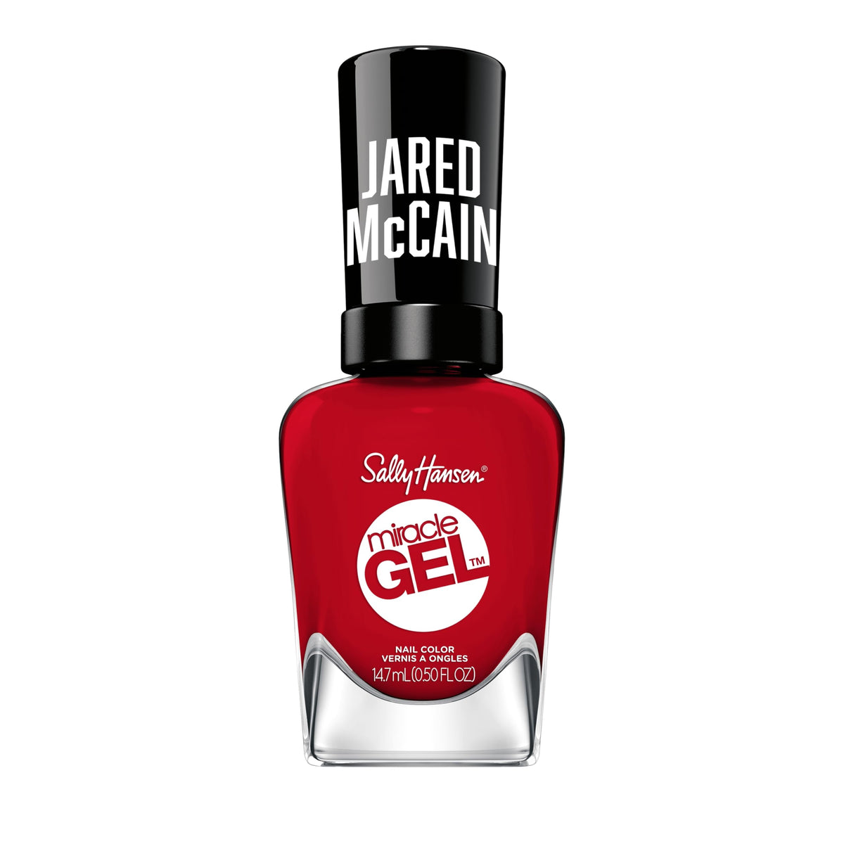 Sally Hansen Rookie Red front bottle view showing bold red shade and glossy finish benefit