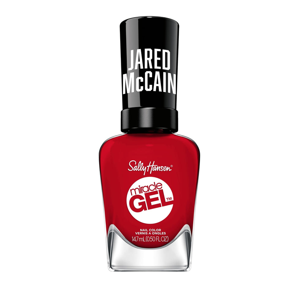 Sally Hansen Rookie Red front bottle view showing bold red shade and glossy finish benefit