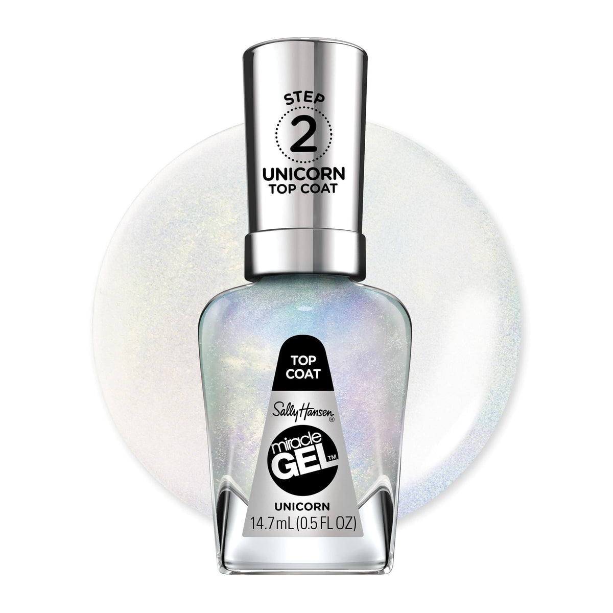 Sally Hansen Unicorn top coat front packaging showing glitter finish benefit