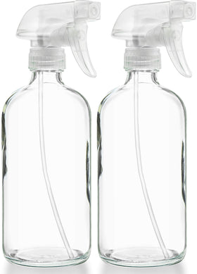 Sally's Organics front view of two clear glass spray bottles showing clean design and capacity benefit