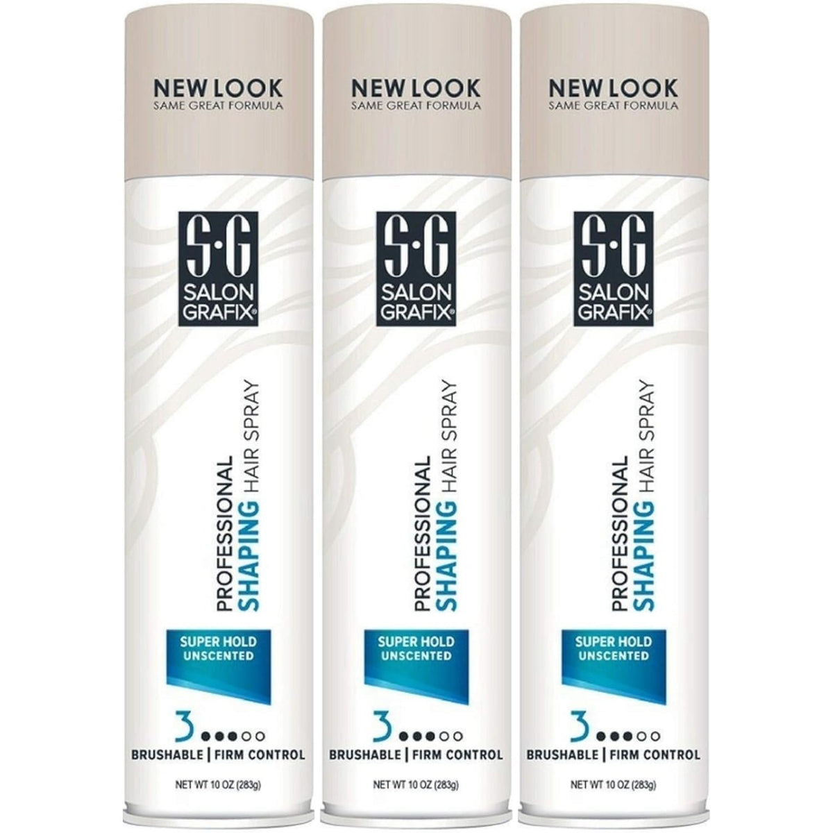 Salon Grafix front packaging showing three 10 oz cans and professional hold benefit
