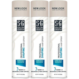 Salon Grafix front packaging showing three 10 oz cans and professional hold benefit