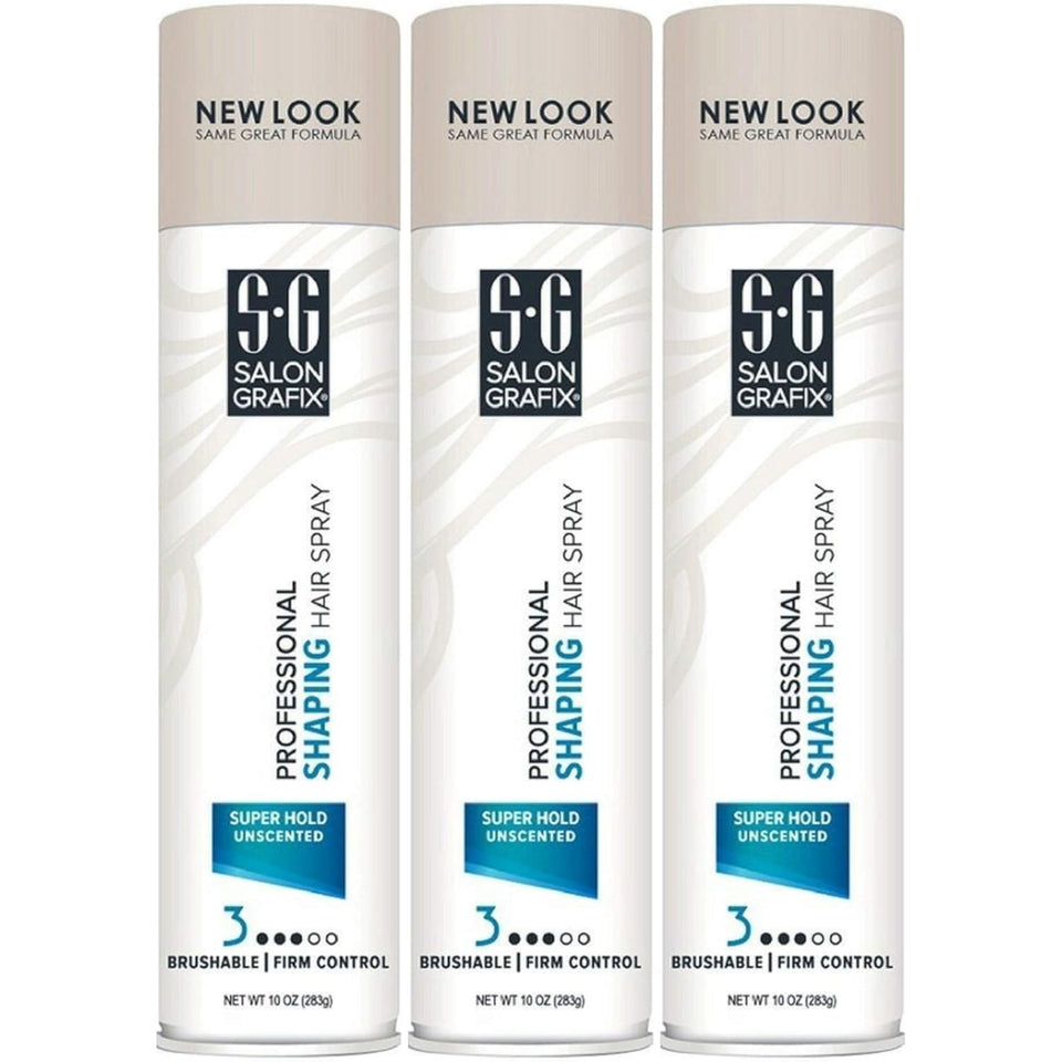 Salon Grafix front packaging showing three 10 oz cans and professional hold benefit