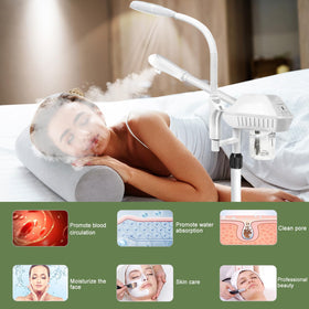 Salon Señor in-use facial steamer with client reclined, spa-style comfort and hydration