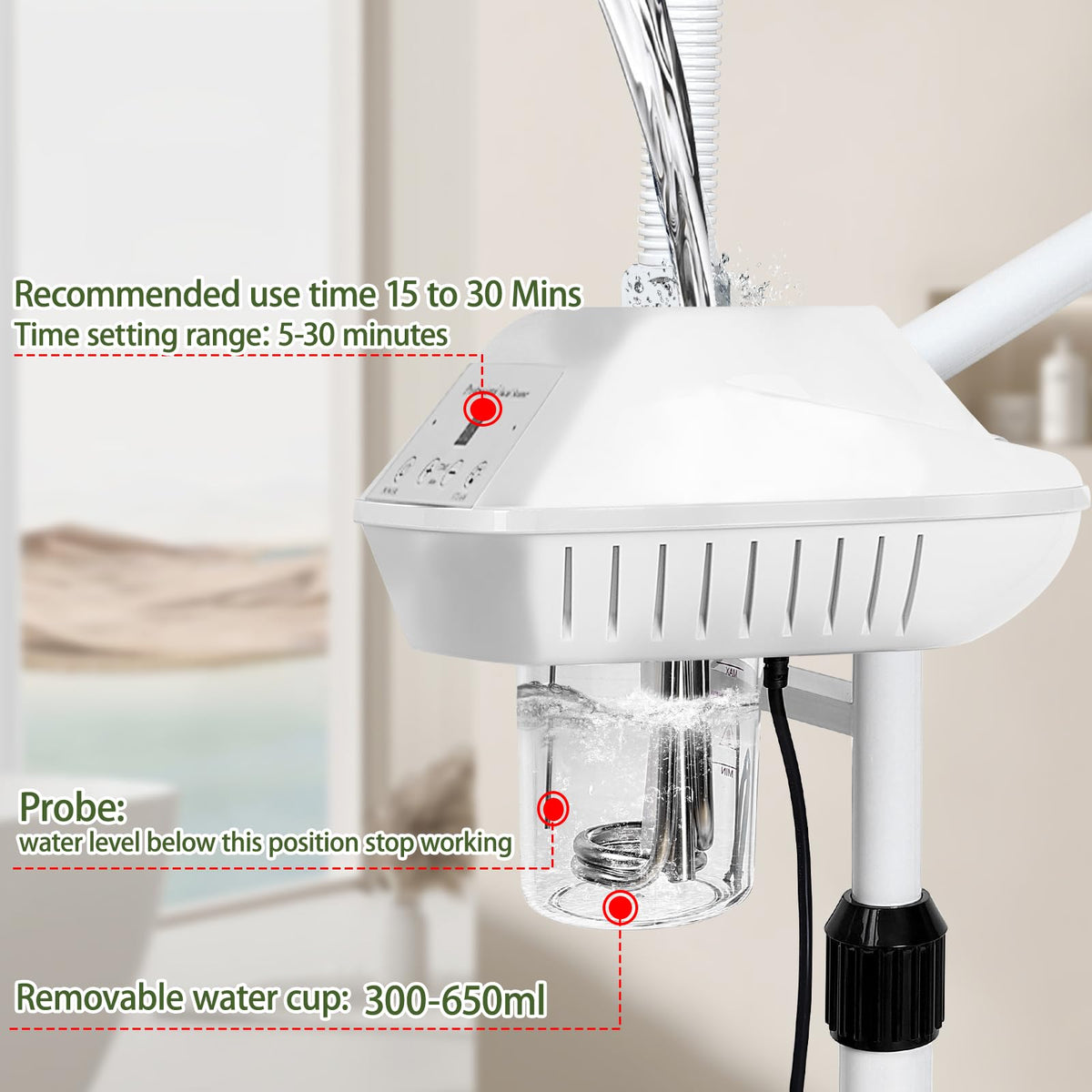 Salon Señor rotating nozzle detail angled toward face, precise steam positioning benefit