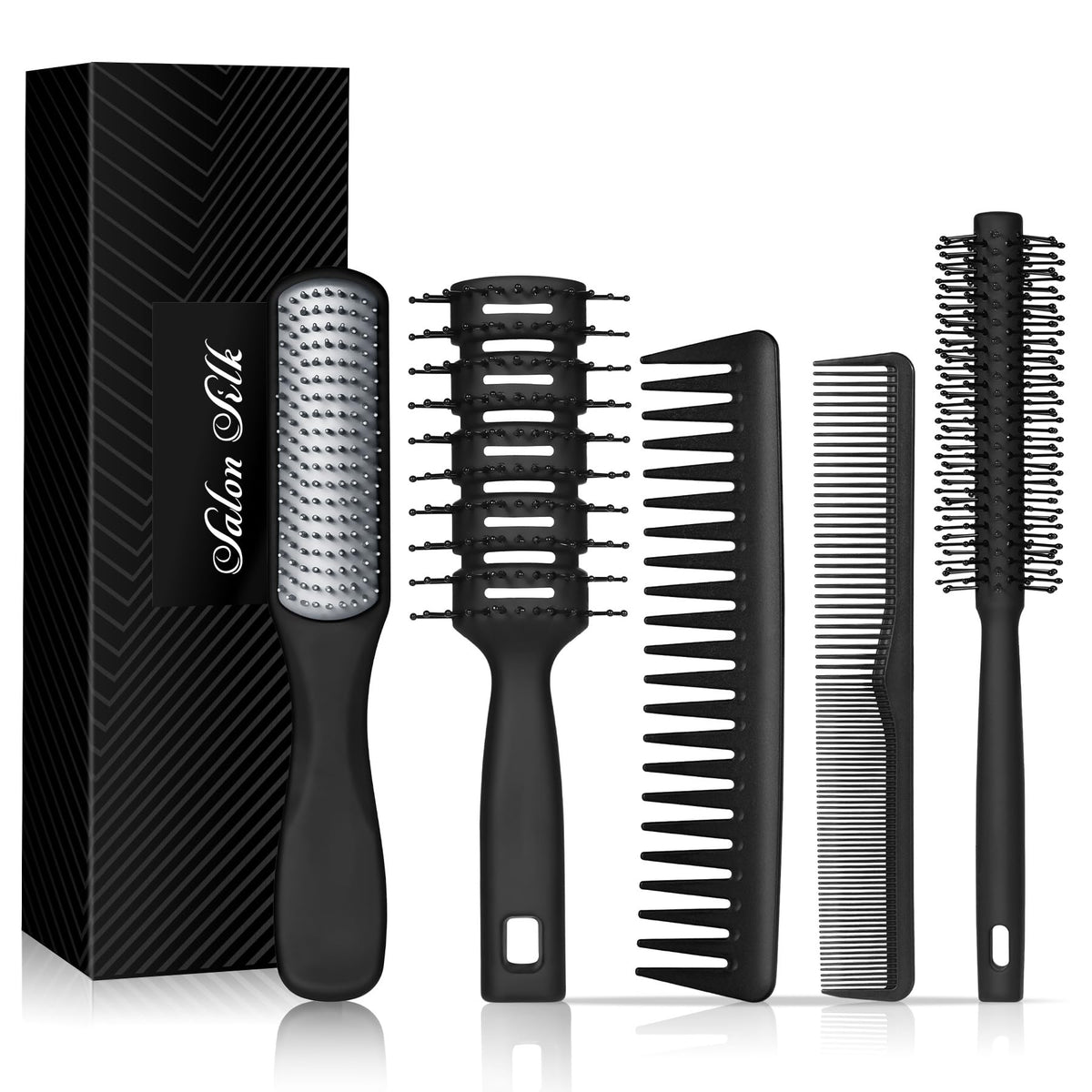 SALON SILK front view of five-piece brush and comb set, organized for grooming benefit