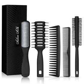 SALON SILK front view of five-piece brush and comb set, organized for grooming benefit