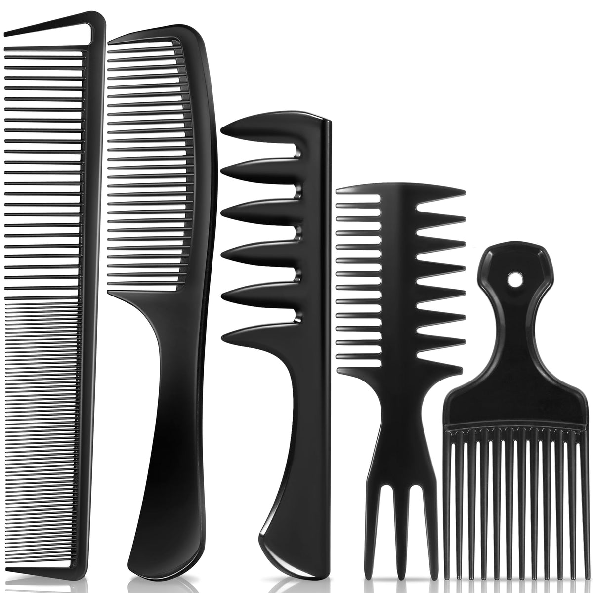 SALON SILK front view of five combs, organized and ready for grooming benefit