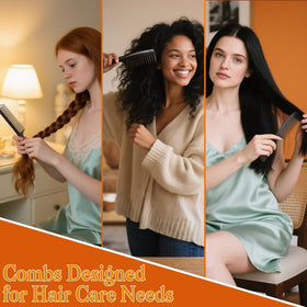 SALON SILK combs beside a hand showing scale and travel-friendly size benefit