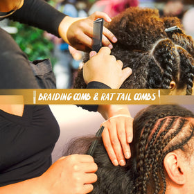 SALON SILK tail combs and edge brushes arranged for precise parting and sleek edges