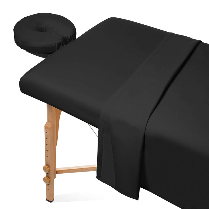 Saloniture front view of black 3-piece sheet set showing neat packaging and professional look