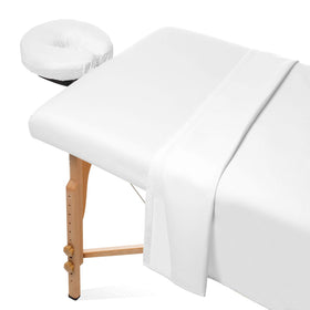 Saloniture front view of packaged 3-piece sheet set showing professional presentation and convenience