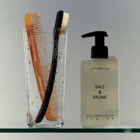 Salt & Stone cleanser on bathroom sink showing everyday routine convenience