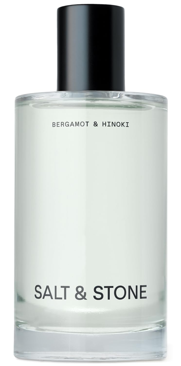Salt & Stone front bottle view highlighting bergamot and hinoki scent benefits