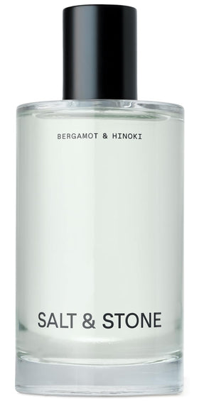 Salt & Stone front bottle view highlighting bergamot and hinoki scent benefits