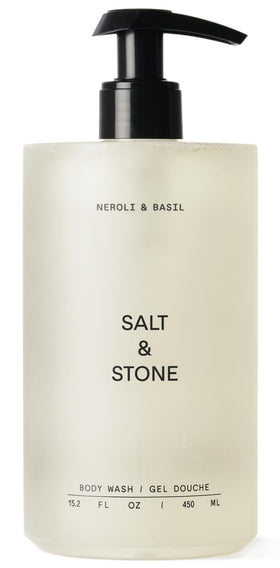Salt & Stone front bottle of Neroli & Basil body wash showing sleek packaging and scent
