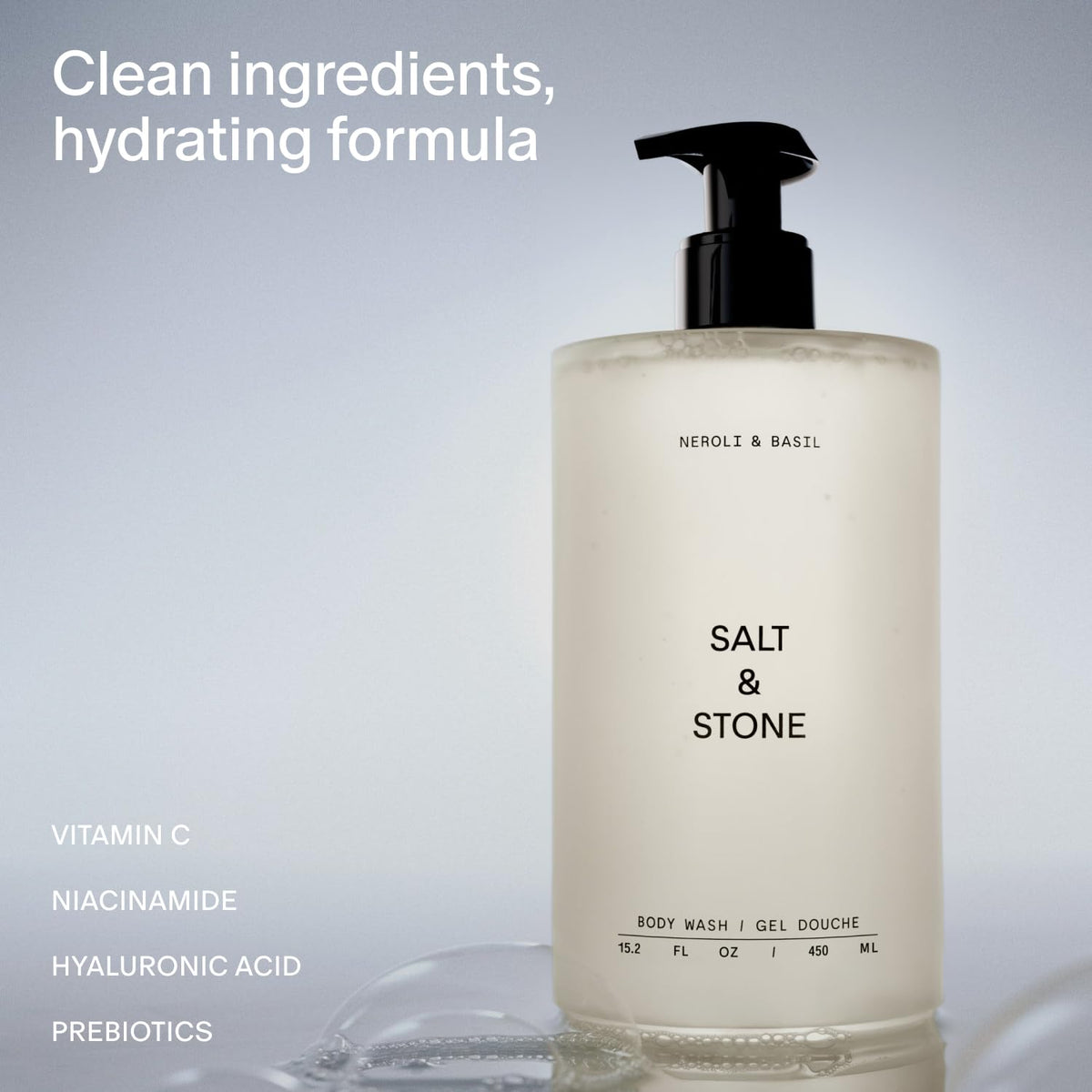 Salt & Stone pump and label close-up highlighting ingredient claims and easy dispensing