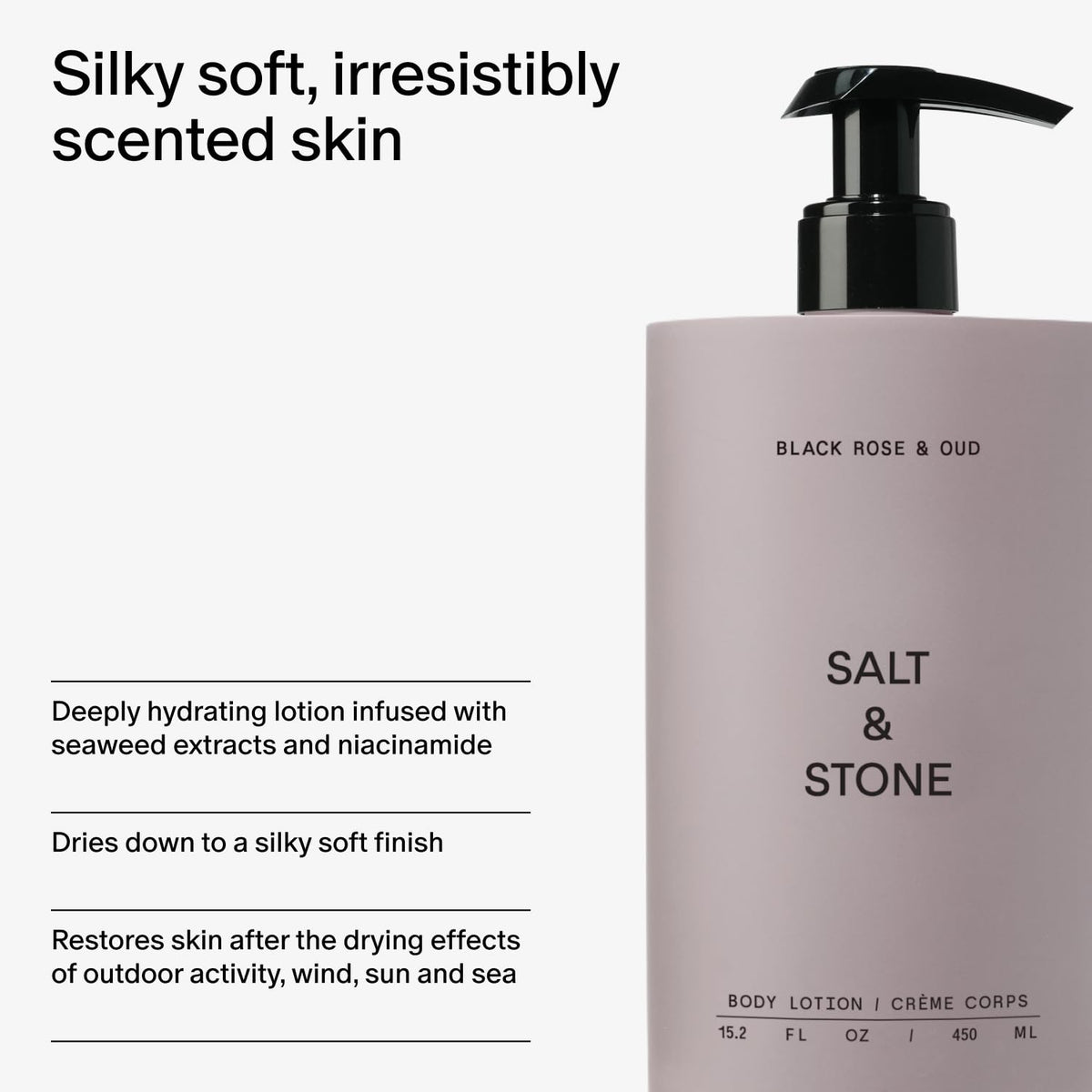 Salt & Stone bottle beside rose and oud wood conveying fragrance notes and sensory benefit