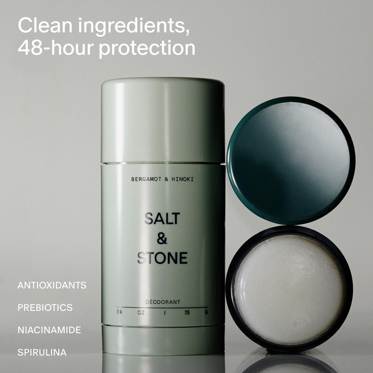 Salt & Stone fragrance notes flatlay showing bergamot and hinoki ingredients for scent clarity
