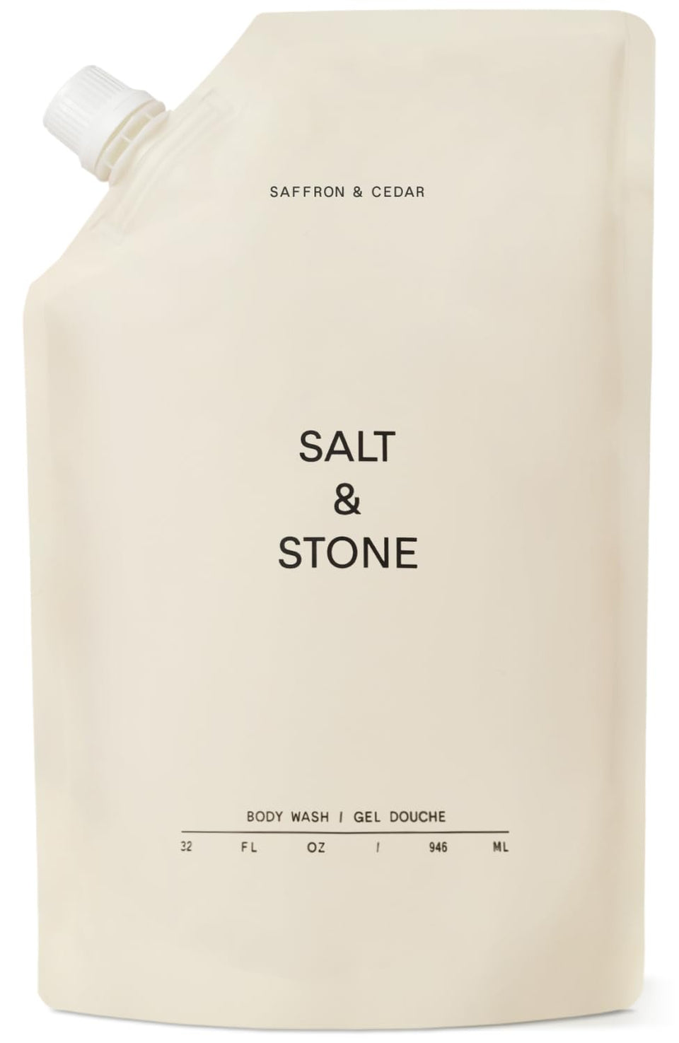 Salt & Stone front bottle view showing saffron and cedar scent benefit