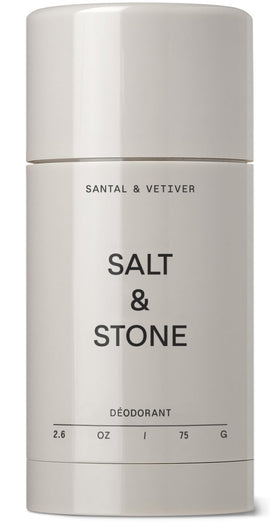 Salt & Stone front packaging of Santal & Vetiver deodorant shows scent and benefits