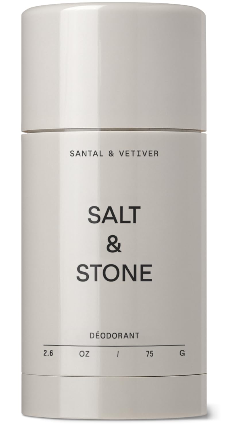 Salt & Stone front packaging of Santal & Vetiver deodorant shows scent and benefits