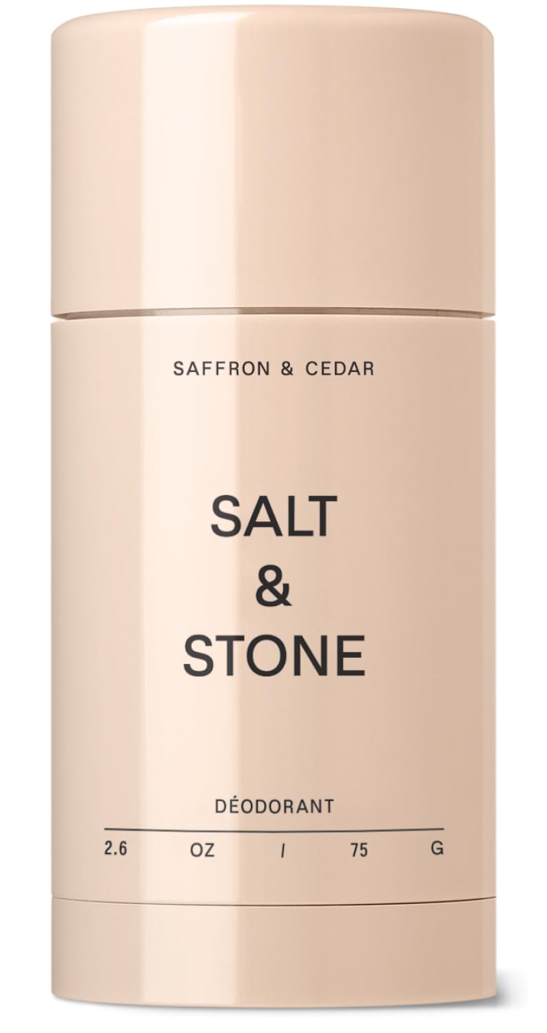 Salt & Stone front packaging showing deodorant stick and scent name benefit: clear application