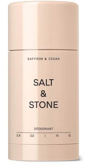 Salt & Stone front packaging showing deodorant stick and scent name benefit: clear application