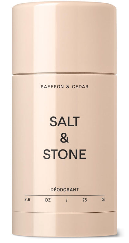 Salt & Stone front packaging showing deodorant stick and scent name benefit: clear application