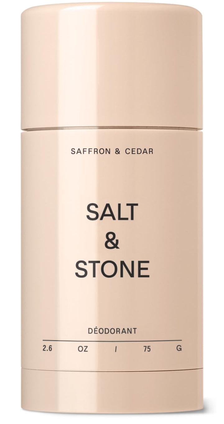 Salt & Stone front packaging showing deodorant stick and scent name benefit: clear application