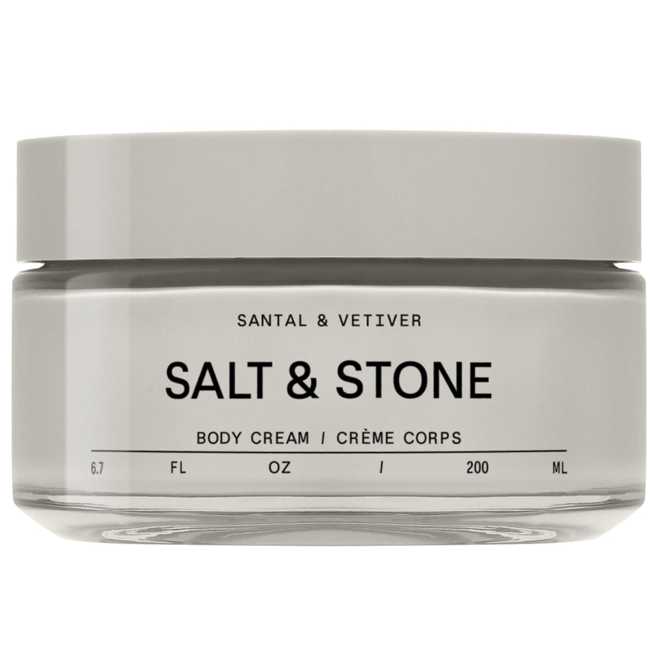Salt & Stone front tube showing Santal & Vetiver scent and benefits