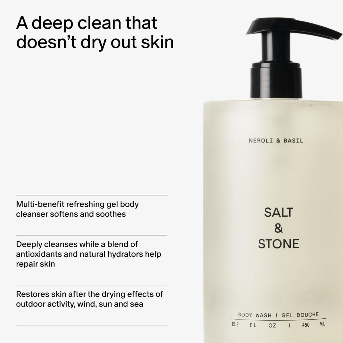 Salt & Stone body wash in shower scene illustrating refreshing use and daily routine